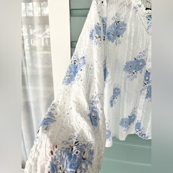 LoveShackFancy Spectra Floral Button down eyelet blouse white cotton blue floral - Picture 7 of 14